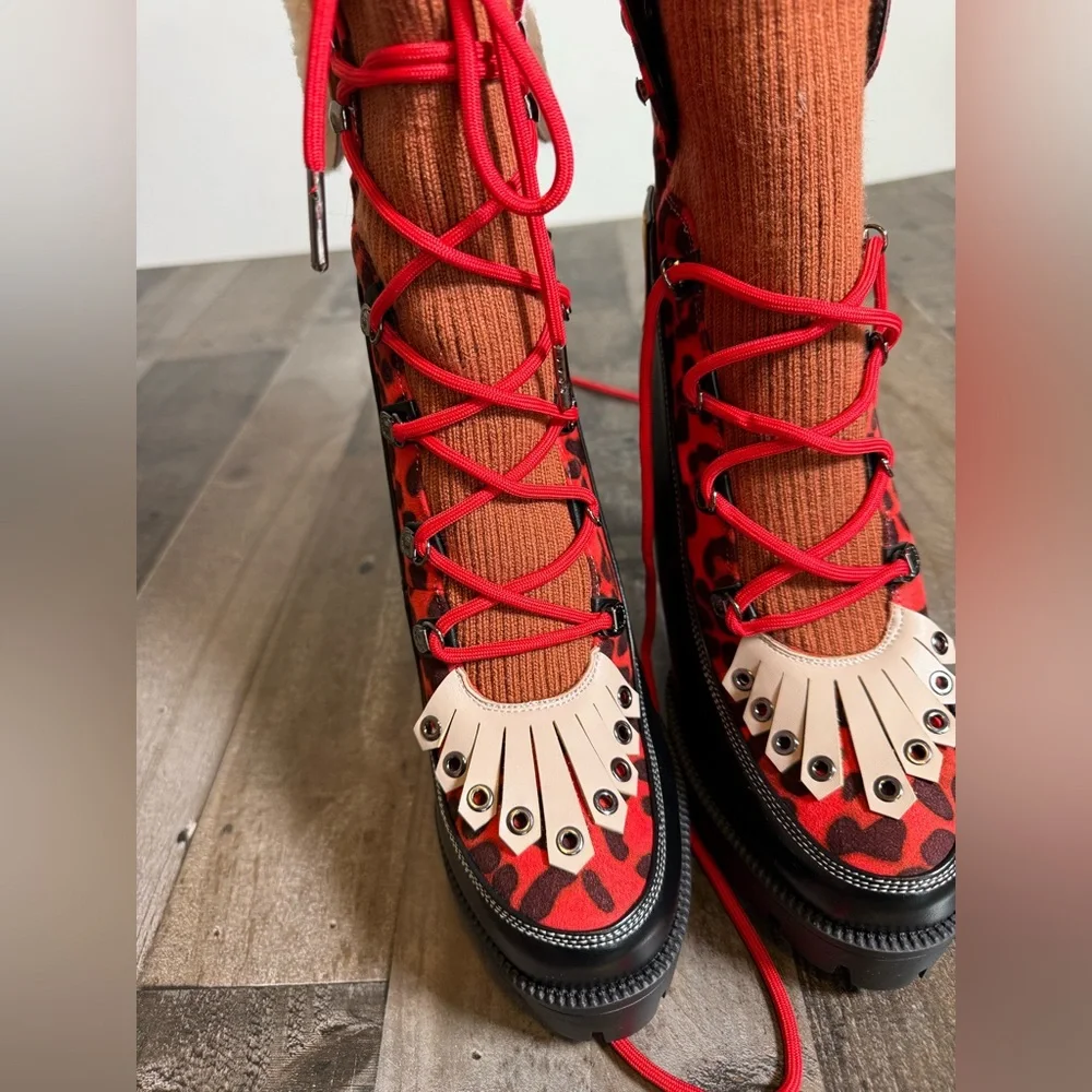 Azalea Wang Trigger Multi Colorblocked Leopard Lace Up Platform Heel Fur Trim 11 - Picture 3 of 9